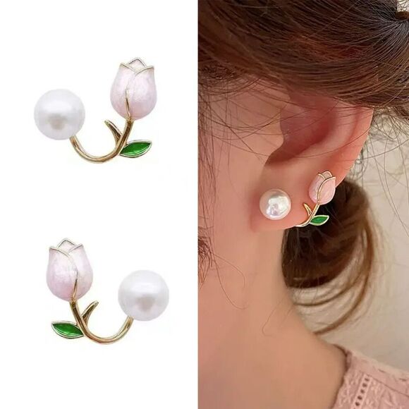 New - 14k Gold Plated Pink Tulip and Pearl Earring Cuffs - Picture 1 of 3